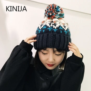 Дамски топли зимни сладки на вълнени шапки с топки, вълнена шапчица за защита на ушите, корейската мода шапка от студ, дамски вязаная капачка на смесени цветове