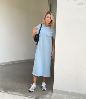 Лято 2023, Нов дизайн, Ежедневното секси дълга рокля с джобове, синьо