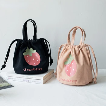 Мини-холщовая чанта за обяд на съвсем малък, дамски чанта за съхранение с анимационни ягоди, обяд-бокс, малка тъканта, чанта, дамска чанта-тоут, чанти за хранене